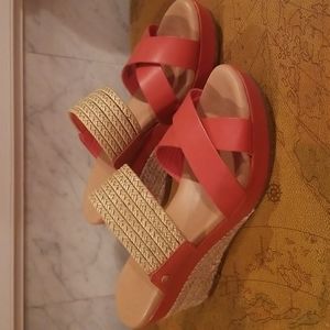UGG ADRIANA  ORANGE LEATHER  WEDGE SLIDE SANDALS WITH ROPE/JUTE STRAP